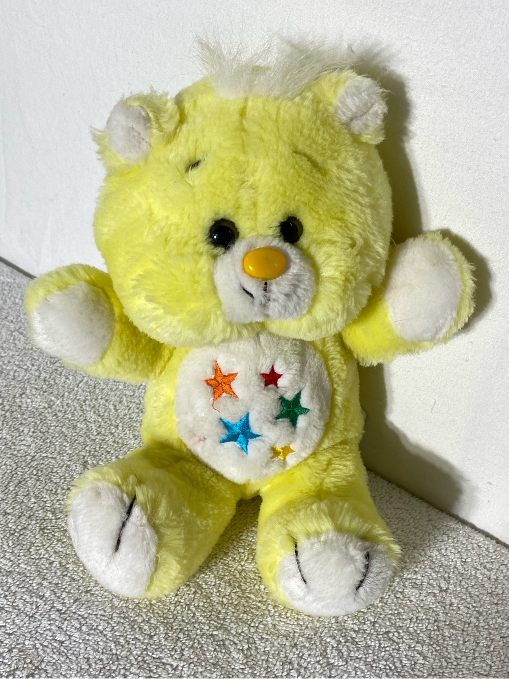 Vintage 1980s Ganz Bros Yellow Teddy Bear Rainbow Embroidered Stars Tummy